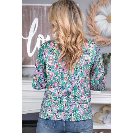 Green Floral Pleated Round Neck Long Sleeve Blouse