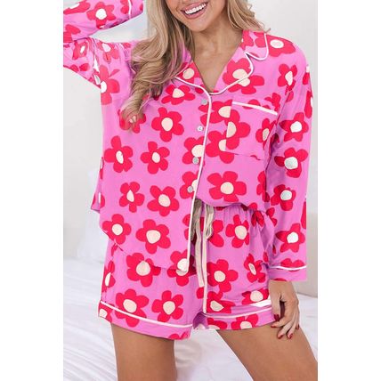 Pink Flower Print Long Sleeve Shirt Shorts Pajamas Set