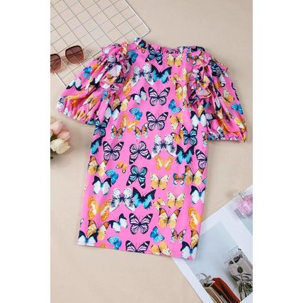 Purple Butterfly Print Ruffled Puff Sleeve Tied V Neck Blouse