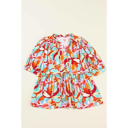 Rose Red Abstract Print Drawstring V Neck Half Sleeve Blouse