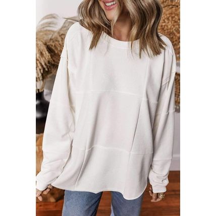 White Solid Color Patchwork Drop Shoulder Baggy Sweatshirt
