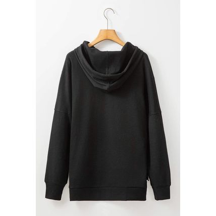 Black Waffle Knit Fleece Lined High Low Oversized Hoodie