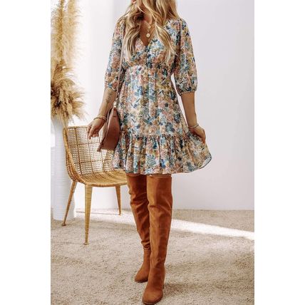 Sky Blue Floral 3/4 Sleeve V Neck High Waist Ruffled Dress
