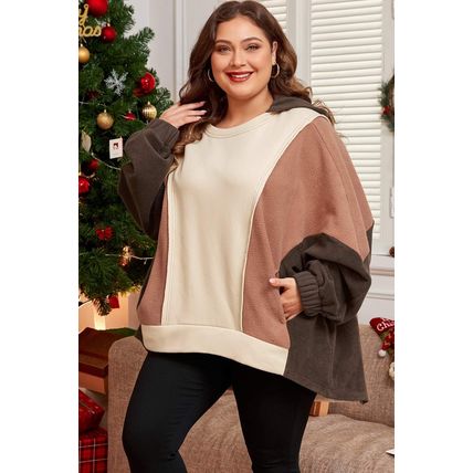 Brown Exposed Seam Colorblock Plus Size Hoodie