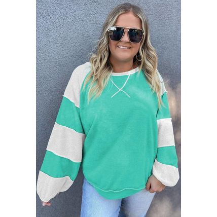 Aruba Blue Colorblock Patchwork Cross Seam Plus Sweatshirt