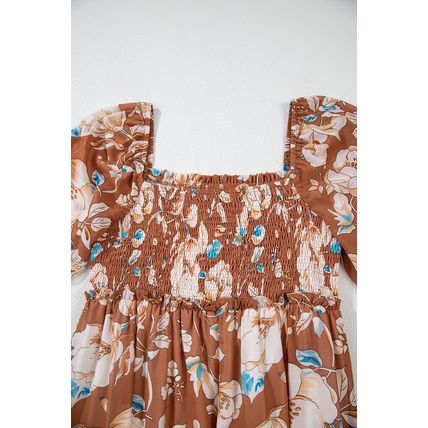 Brown Floral Print Shirred Square Neck High Waist Maxi Dress