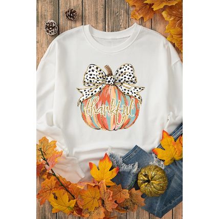 Beige Polka Dot Bow Knot Pumpkin Print Thanksgiving Sweatshirt