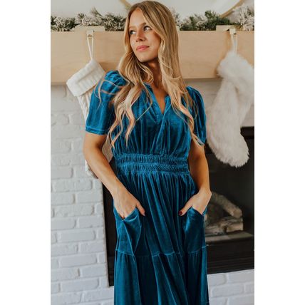 Prussian Blue Velvet Short Sleeve Shirred Waist Tiered Maxi Dress