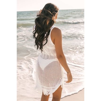 White Crochet Fishnet Fringed Edge V Neck Beach Cover Up