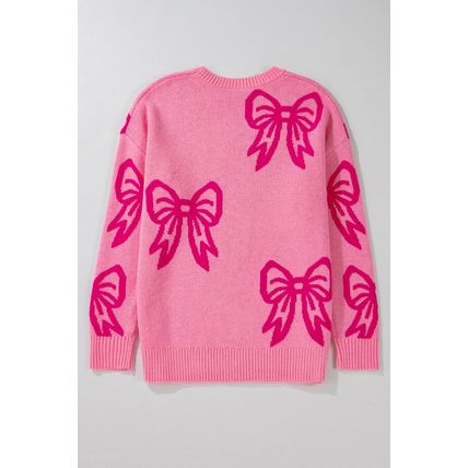 Pink Bow Pattern Drop Shoulder Loose Sweater