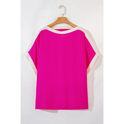 Rose Red Oversized Color Block Boat Neck Tunic Blouse