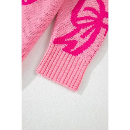 Pink Bow Pattern Drop Shoulder Loose Sweater