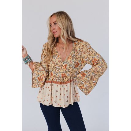 Yellow Printed Floral Bell Sleeve V Neck Wrapped Contrast Peplum Blouse