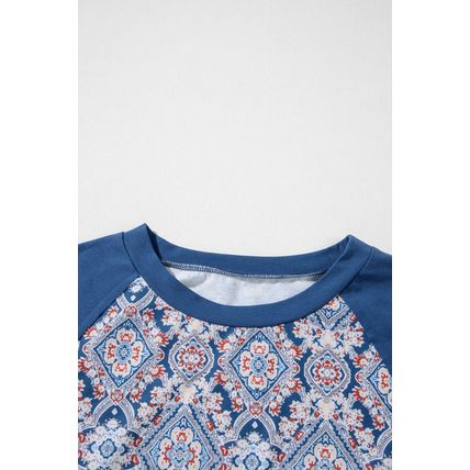 Blue Geometric Printed Lace Patchwork Ric Rac Raglan Long Sleeve Top