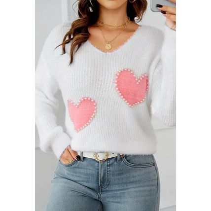 White Pearl Beaded Heart Pattern Fuzzy V Neck Sweater