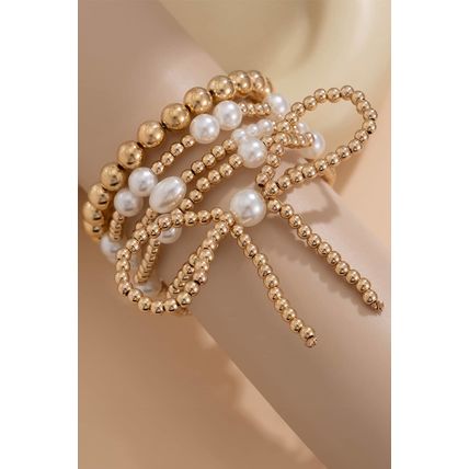 Gold Bow Knot Pearl Beaded Multi Layered Bracelet Set