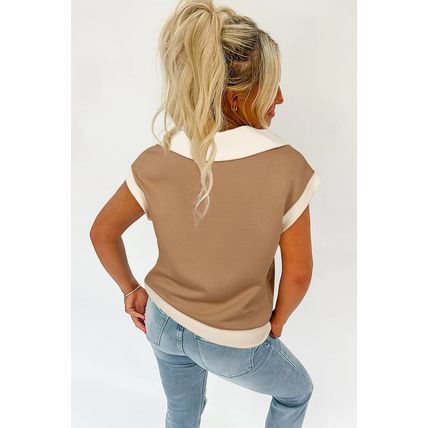 Simply Taupe Half Zipper Collared Colorblock Short Sleeve Top