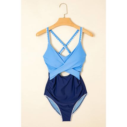Beau Blue Ric Rac Trim Contrasted Patchwork Cutout One Piece Swimsuit