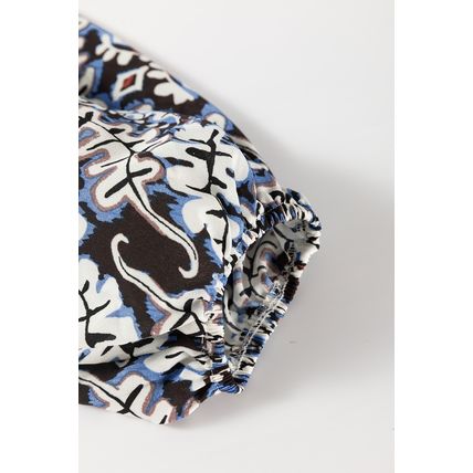 Blue Tribal Print Lace-up Frilled Neck Puff Sleeve Blouse