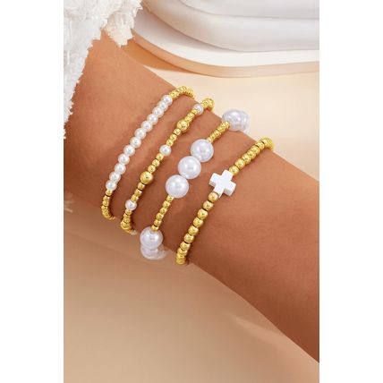 Gold Pearl Plated Alloy Multi Layer Stretch Bracelet