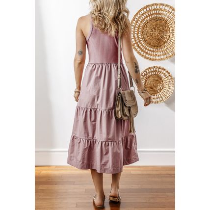 Sepia Rose Ribbed Vest Patchwork Tiered Midi Dress with Pockets