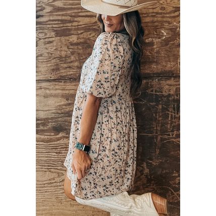 Beige Floral Puff Short Sleeve Empire Waist Mini Dress
