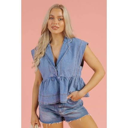 Dusk Blue Lapel Denim Babydoll Top