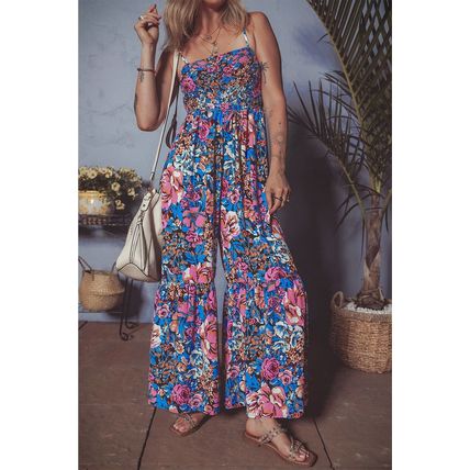 Pink Floral Smocked Bust Spaghetti Straps Wide Leg Jumpsuit