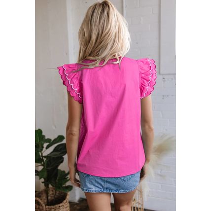 Bright Pink Contrast Scallop Trim Layered Short Sleeve V Neck Blouse