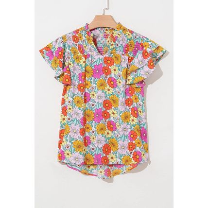 Yellow Floral Print Shirred Tiered Ruffled Sleeve Blouse