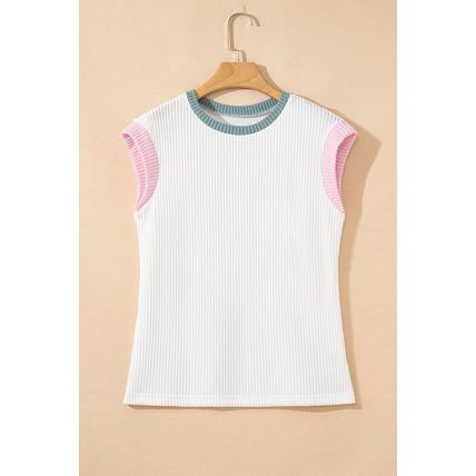 White Color Block Corded Knit Crew Neck Tee