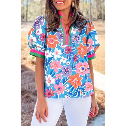 Sky Blue Floral Colorblock Edge Puff Sleeve Split Neck Blouse