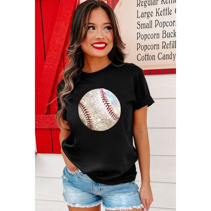 Black Heat Transfer Baseball Print Cotton Blend T Shirt