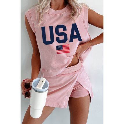 Light Pink USA Flag Graphic Tank Top and Skort Short Set