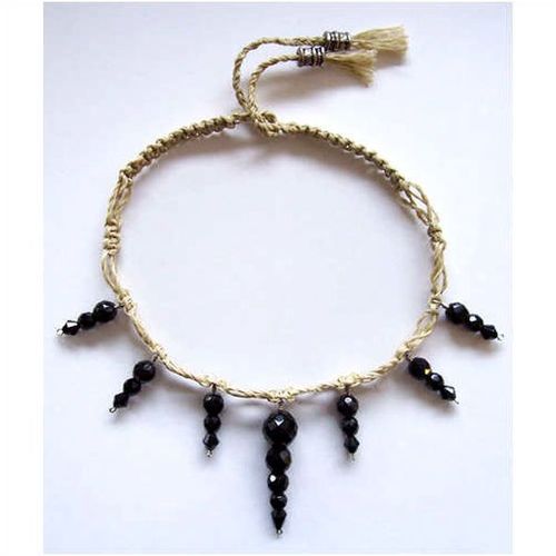 Necklace #003 waxed string & black glass beads 15.5 inch unisex fashion jewelry