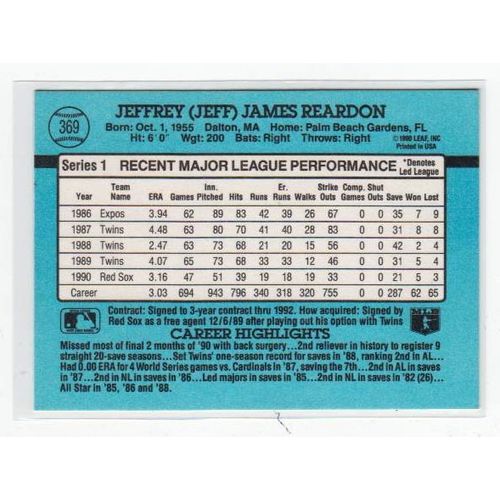 1991 Donruss Jeff Reardon baseball card #369 – Red Sox