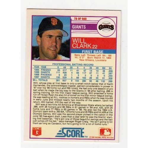 1988 Score Will Clark baseball card #78 – Giants