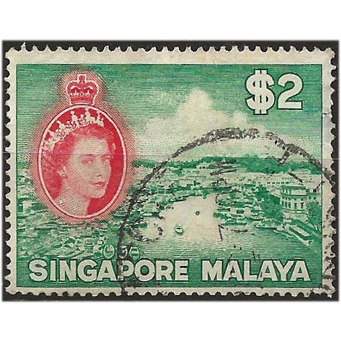 Singapore 1955 SG51 $2 Blue-Green & Scarlet Good/Fine Used . ..
