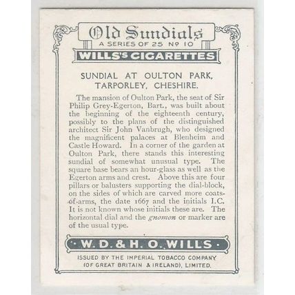 Oulton Park Hall Sundial Little Budworth Tarporley Cheshire Wills Cigarette Card