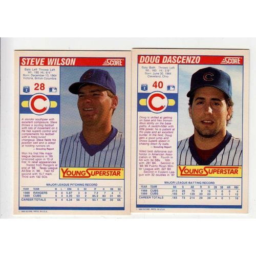 2 1990 Score Young Superstars Cubs RC rookie cards #28 Wilson, #40 Dascenzo