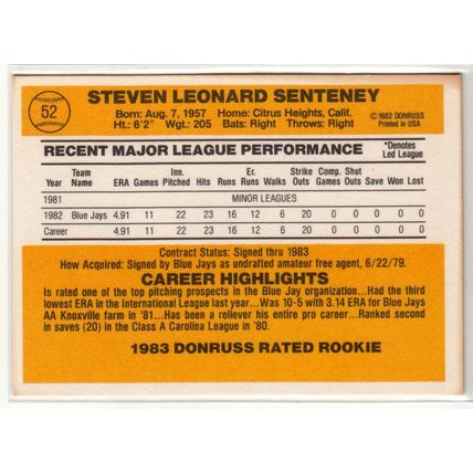 1983 Donruss baseball card 52 Steve Senteney