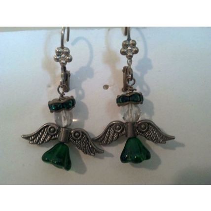 Angel Earrings Green Crystal Beaded Silver Angel Earring Pierced 1-1/2"