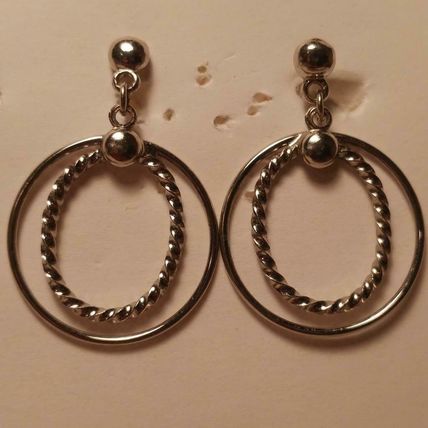 Double Silver Circle Earrings Chain Twist and Rounded Pierced Earrings 1-1/4"