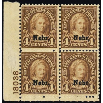 673, Mint NH 4¢ Nebr Plate Block of Four SCV $375.00 * Stuart Katz