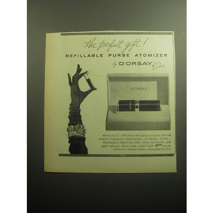 1958 D'Orsay Refillable Purse Atomizer Ad - The perfect gift!