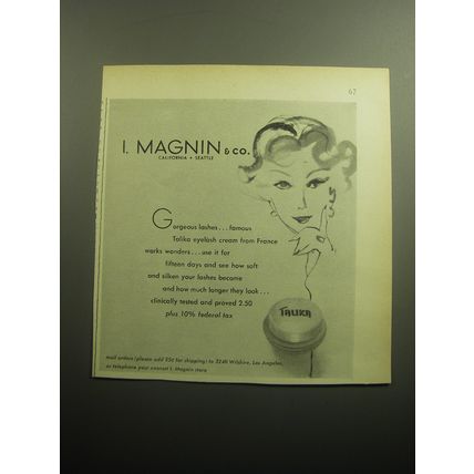 1958 I. Magnin & Co. Talika Eyelash Cream Ad - Gorgeous lashes