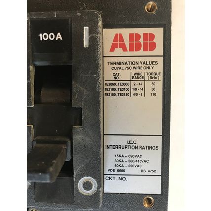 ABB CU7AL 75C,ABB ES,RS-9743,2POLE CIRCUIT BREAKER 100A,TE2060,TE3060,TE2150,SA