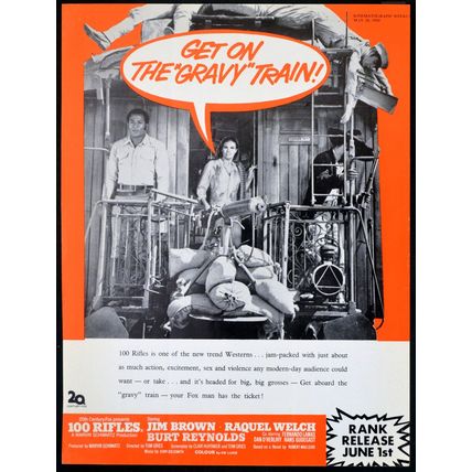 100 RIFLES 1969 Jim Brown, Raquel Welch, Burt Reynolds TRADE ADVERT