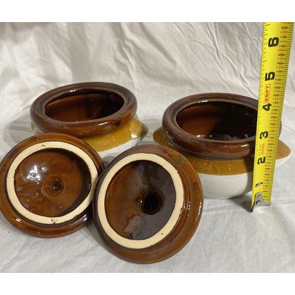Bean Pots/ Crock Pots W/ Lids Taiwan Glazed Stoneware Two Tone Brown & White