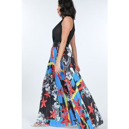 Women's Pleated Print Maxi Skirt With Leather Waist Band